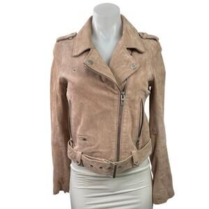 BlankNYC Women's Beige 100% Leather Suede Zip Cropped Biker Moto Jacket Size S